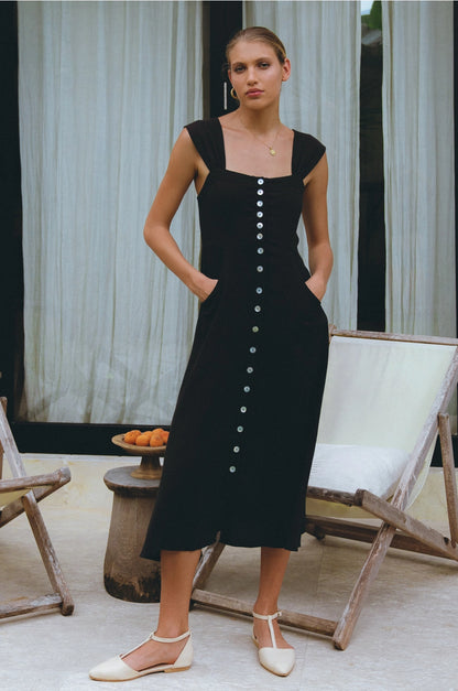 Black Mira 100% Linen Handmade Midi Dress (Small)