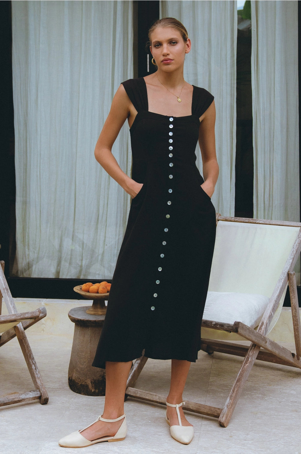 Black Mira 100% Linen Handmade Midi Dress