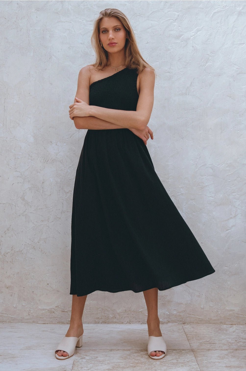 Black Alina One Shoulder Linen Dress - BY THE PEOPLE SHOP | PAUSE MORE, LIVE MORE