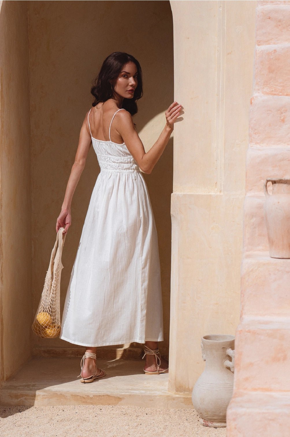 White Eleanore Handcrafted Linen Midi Summer Dress - BY THE PEOPLE SHOP | PAUSE MORE, LIVE MORE